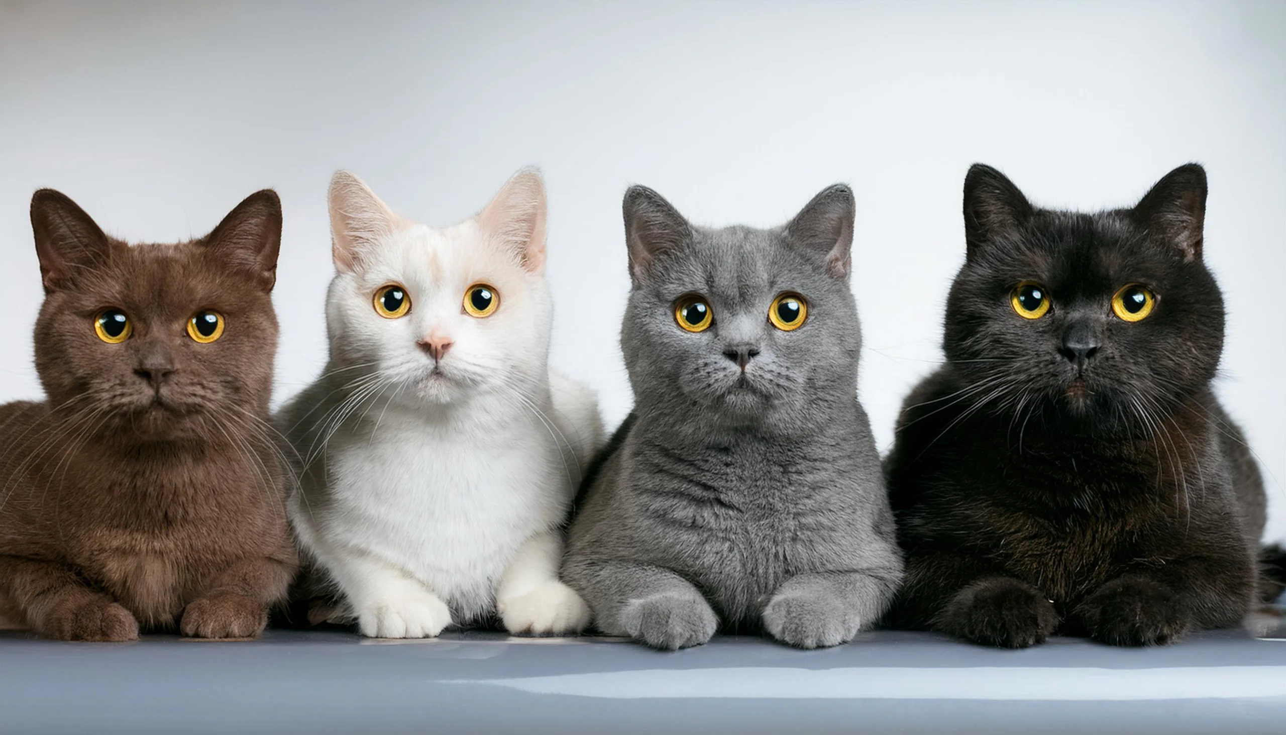 "Fluffy purebred British Shorthair for sale sitting calmly and looking at the camera with golden eyes."